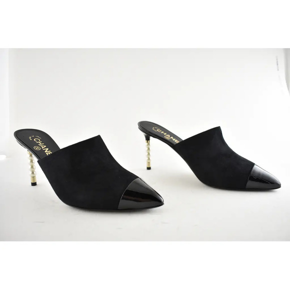 Chanel 20C Paris In Rome Pearl Black Suede Patent CC Mule Slide Heel Pump 42 - Picture 2 of 8